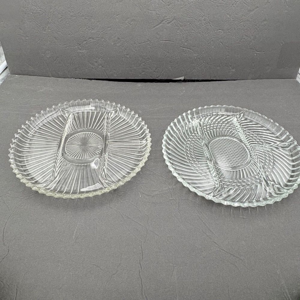 Vintage Glass Divided Serving Trays Set Of‎ 2 Clear Scalloped Edge Relish Snack